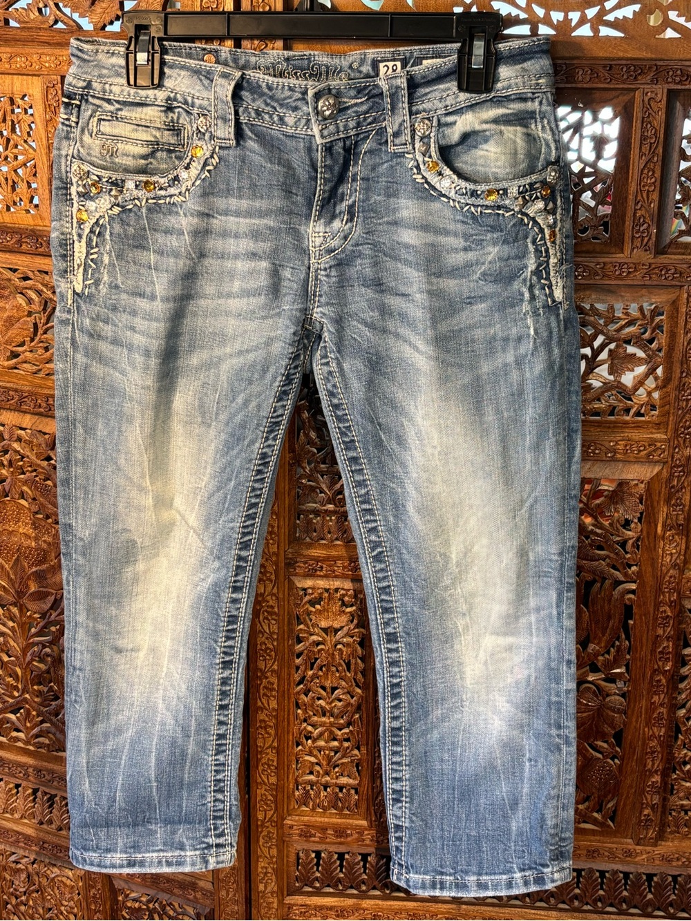 Miss Me Light Blue Washed Cropped Jeans with Stud Detail